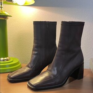 Square-Toe Mid-Calf Leather Boots - Brown
